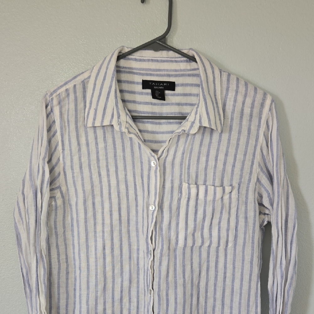 Tahari | Blue And White Striped 100% Linen Button Down Shirt Size Large